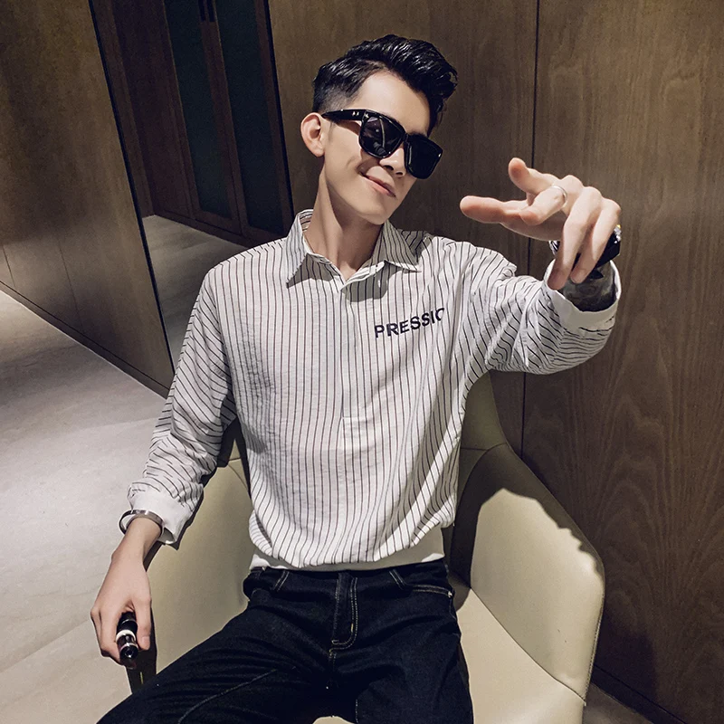Autumn New Striped Shirt Men Loose Linen Pullover Mens Casual Shirts Long Sleeve Streetwear Bat For Clothes 2019 3XL | Мужская одежда