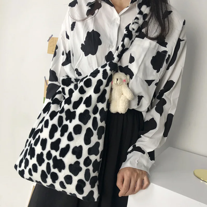 

New Fashion Cow Pattern Female Underarm Shoulder Bags Casual Autumn Winter Plush Women Dumpling Crossbody Handbags