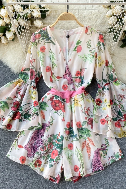

SuperAen 2021 Sweet Print French V-neck Double-decker Flared Sleeves Slim Waist-length Jumpsuit Women Fashion