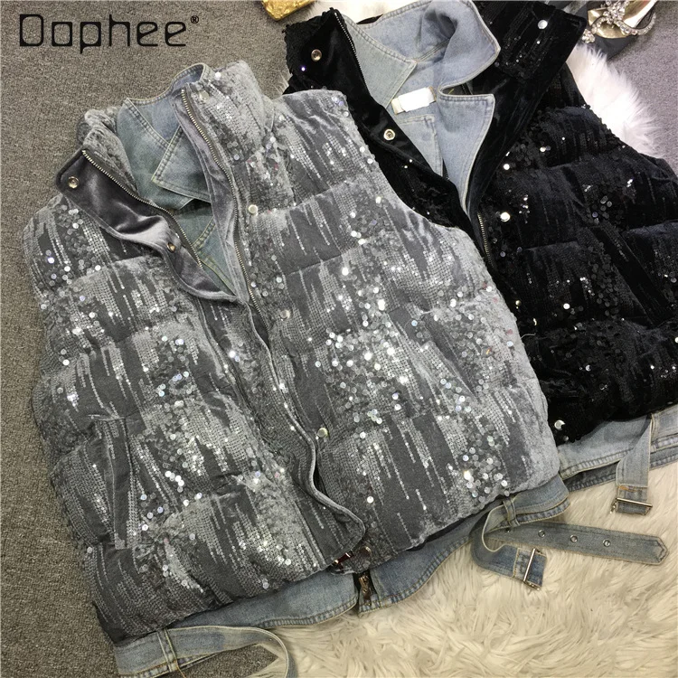 

Women's Winter Thickened Cotton Padded Vest Coat 2021 New Sequined Stand-up Collar Thermal Short Waistcoat Female Outer Wear