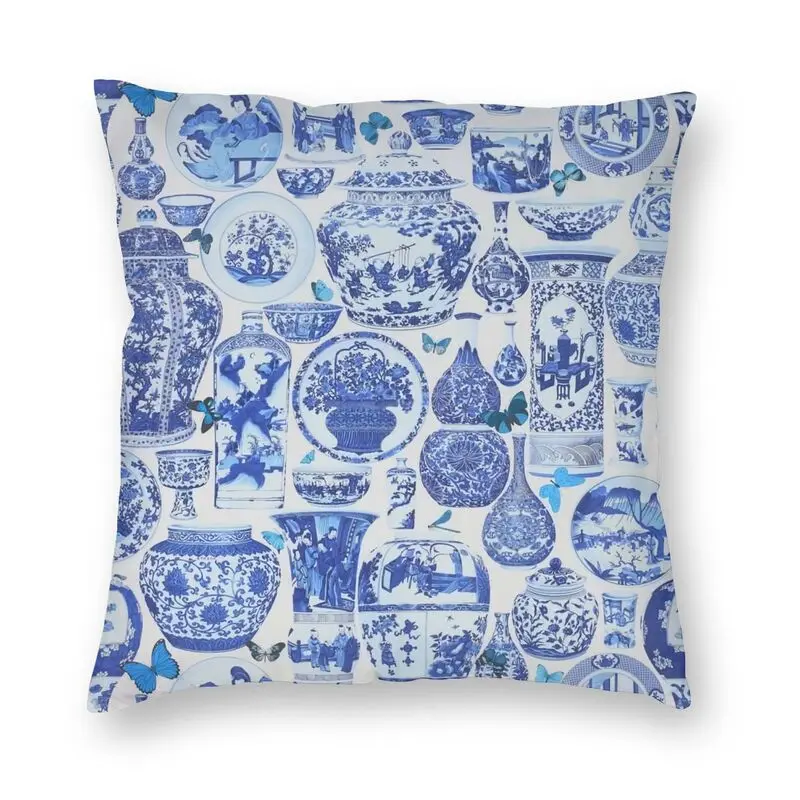 

Delft Blue Chinese Porcelain Vases Pattern Square Throw Pillow Cover Home Decor Antique Oriental Toile Cushion Cover for Car