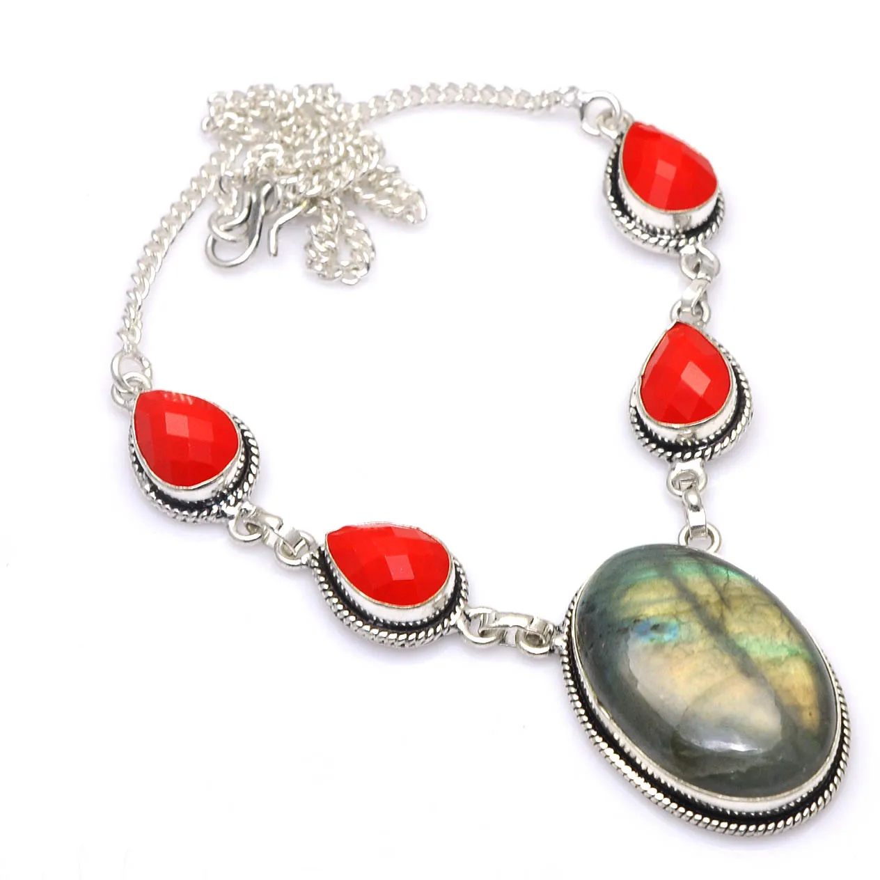 

Genuine Labradorite + Coral Silver Overlay over Copper, 45 cm , N4573