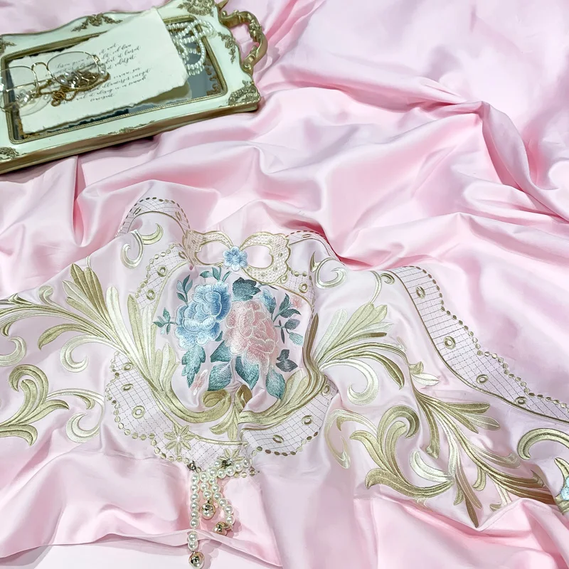 

Pink Blue Luxury Flowers Embroidery Egyptian Cotton Palace 4/7pcs Bedding Set Queen King Size Duvet Cover Bed sheet Pillowcases