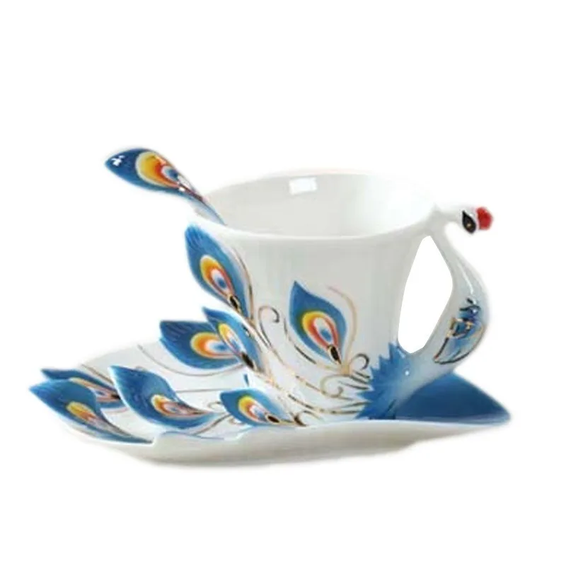 

Home Drinkware Chinese Style Creative Tea Cup Set Enamel Porcelain Peacock Coffee Cup Saucer Set Elegant Ceramic Cup