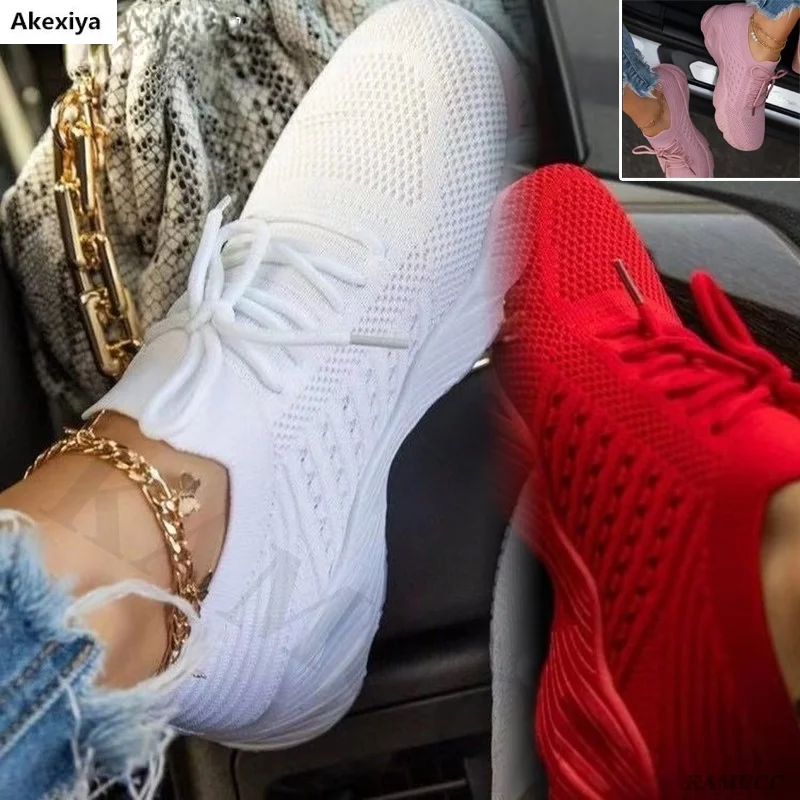 

Кроссовки женские сетчатые на шнуровке, повседневная обувь на танкетке, массивные, Вулканизированная подошва, красные, белые