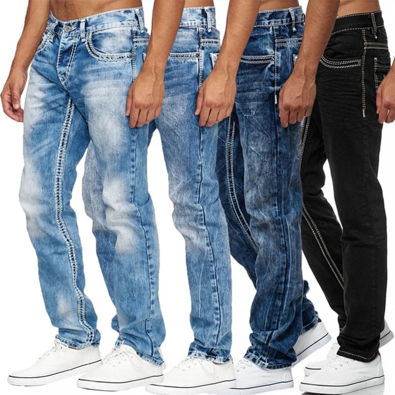 

Джинсы мужские облегающие с завышенной талией, модные брюки-бойфренды из денима, байкерские прямые джинсы черного и синего цвета, весна-осе...