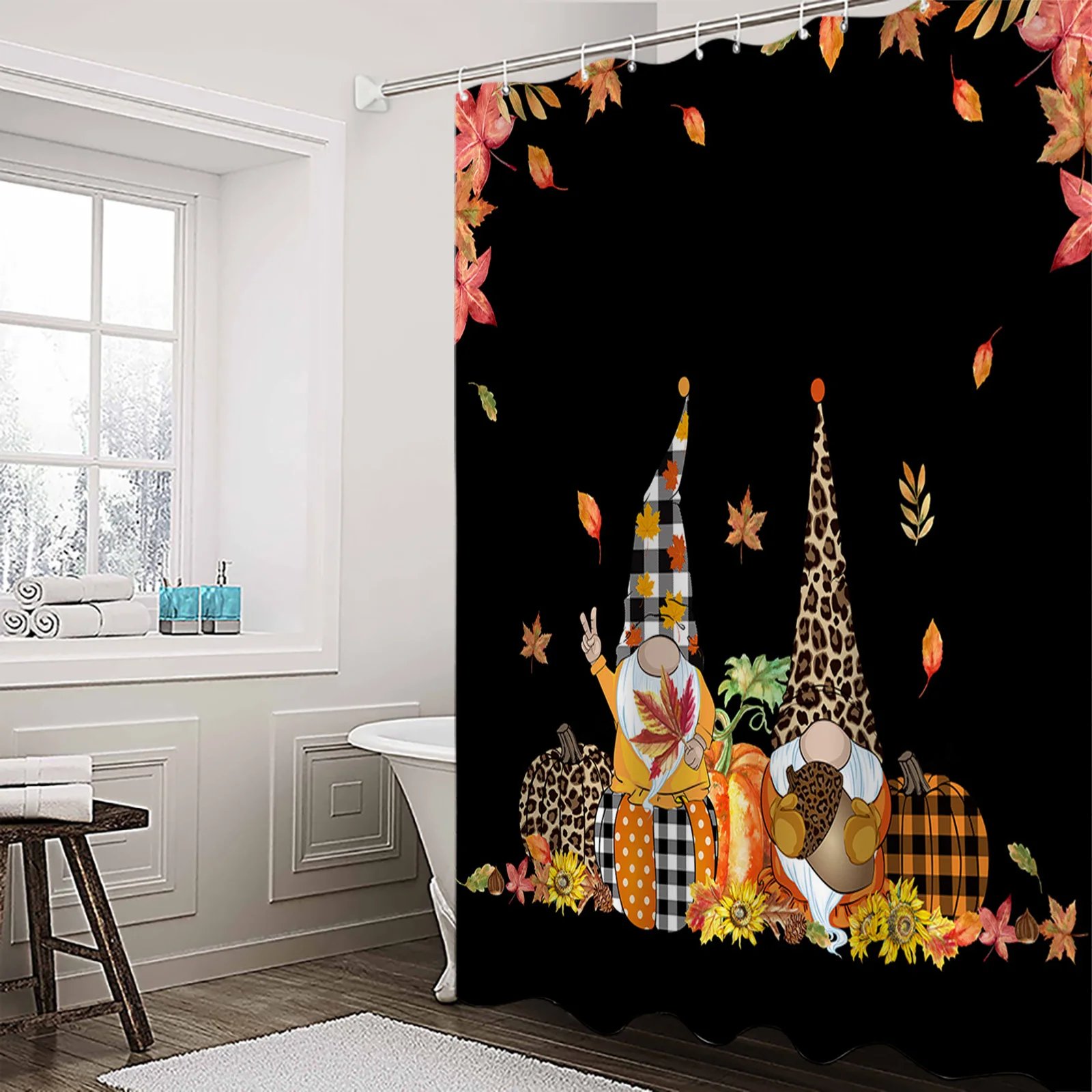 

Thanksgiving Maple Leaf Pumpkin Gnome Shower Curtain Waterproof Polyester Fabric Shower Curtains Home Decor Curtain with Hook
