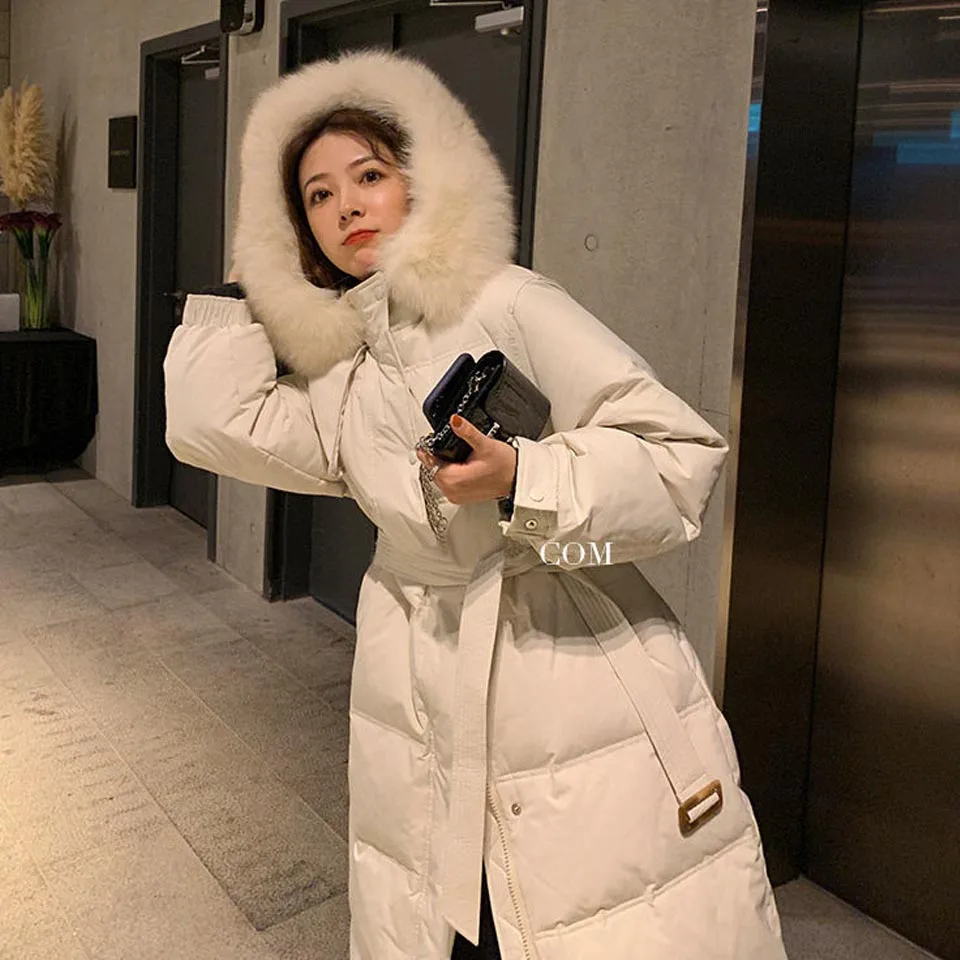

Elimiiya Big Fur Collar Women 2020 Winter New Down Padded Jacket Korean Version Waist Loose Thick Long Coat Oversized Clothes