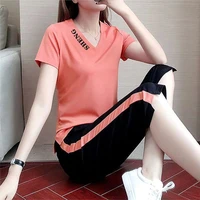 2021 new summer leisure sports suit women v neck short sleeve seven minute trousers running suit fashion 2 pieces sportswear