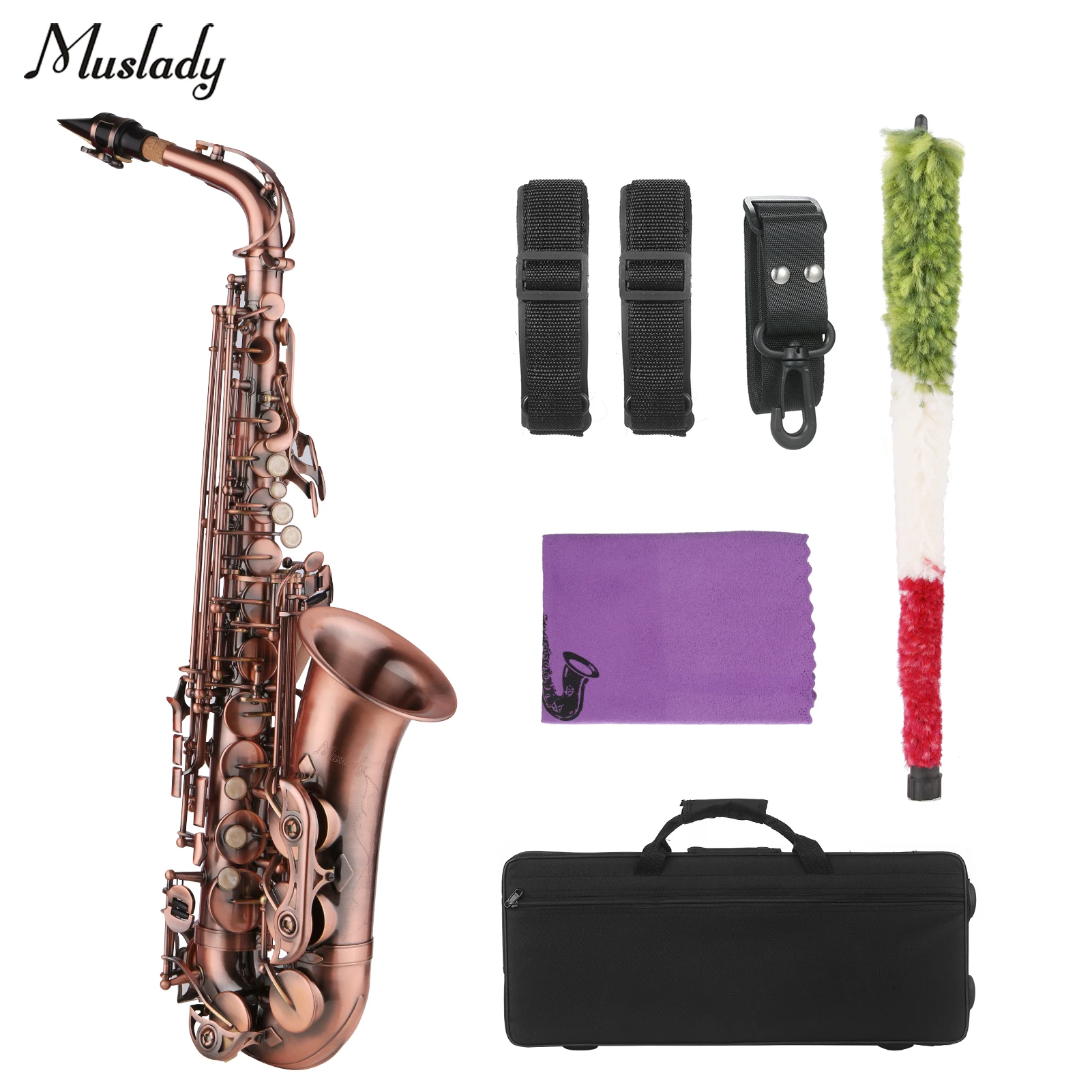 

Muslady Saxophone Red Antique E-flat Brass Material with Carrying Case Cleaning Cloth Brush Sax Strap Mouthpiece