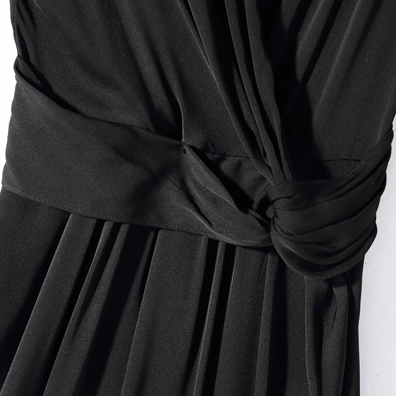 

Elegant Fashion Women Summer Dresses V-neck Short Sleeve High Waist Folds Solid Natural Real Silk Lady A-line Mid-Calf Dress