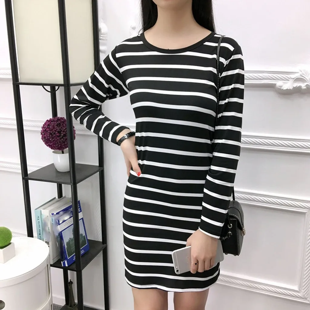 Женское осеннее модное корейское платье в полоску длиной до колена с длинным