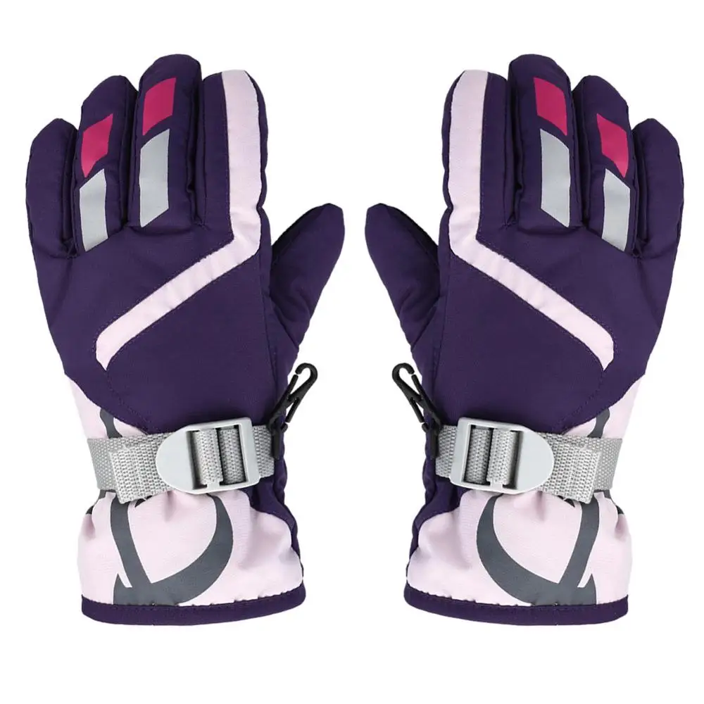 purple gloves Детские зимние водонепроницаемые ветрозащитные Теплые Детские Лыжные Сноуборд перчатки утолщение W/регулируемый ремень для верховой езды высокого качества - Цвет: purple gloves