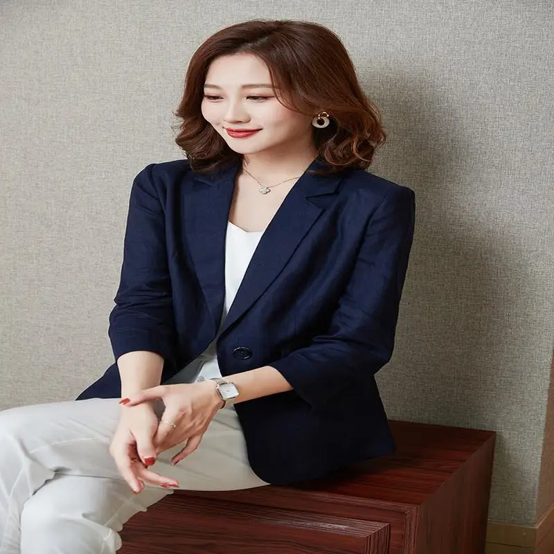 

women's coat Blazer 2021 spring and summer waist casual British style cotton and hemp 7 / 4 sleeve solid color suit thin style