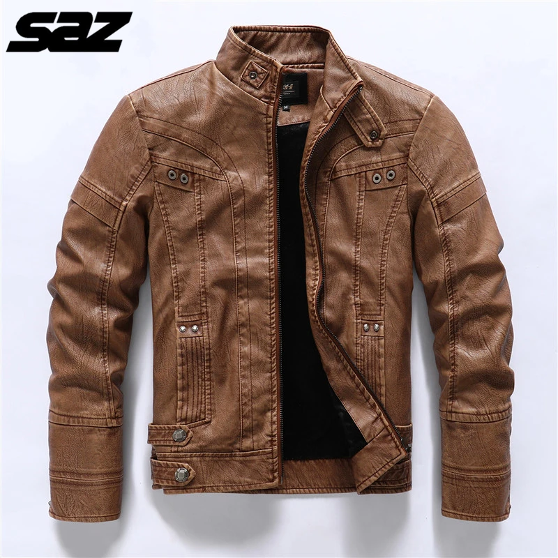 

Saz 2021 модная одежда мужская кожаная куртка повседневная кожаная куртка в стиле пэчворк мужская кожаная куртка на молнии с воротником-стойко...