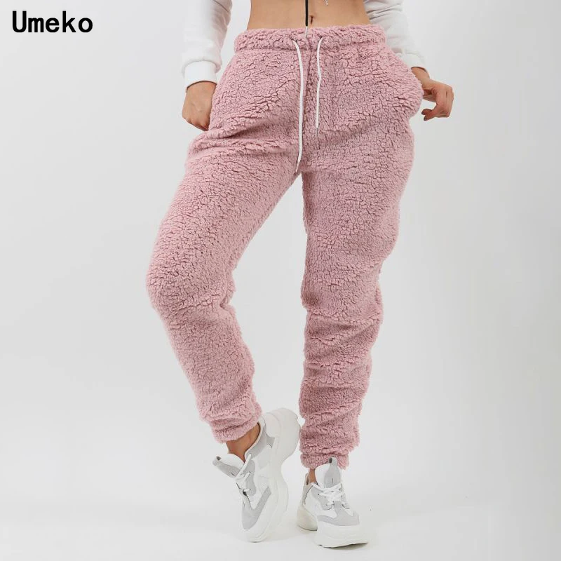 

Umeko Autumn Winter Faux Fleece Fur Jogger Pants Women Solid Color Lamb Wool Sweatpants Ladies Velvet Trouser Loose Warm Pants