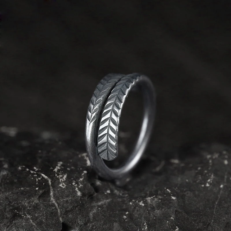 

New 925 Sterling Silver Ring Handmade Feather Carved Open Adjustable Ring Personality Retro Style Men And Women Jewelry