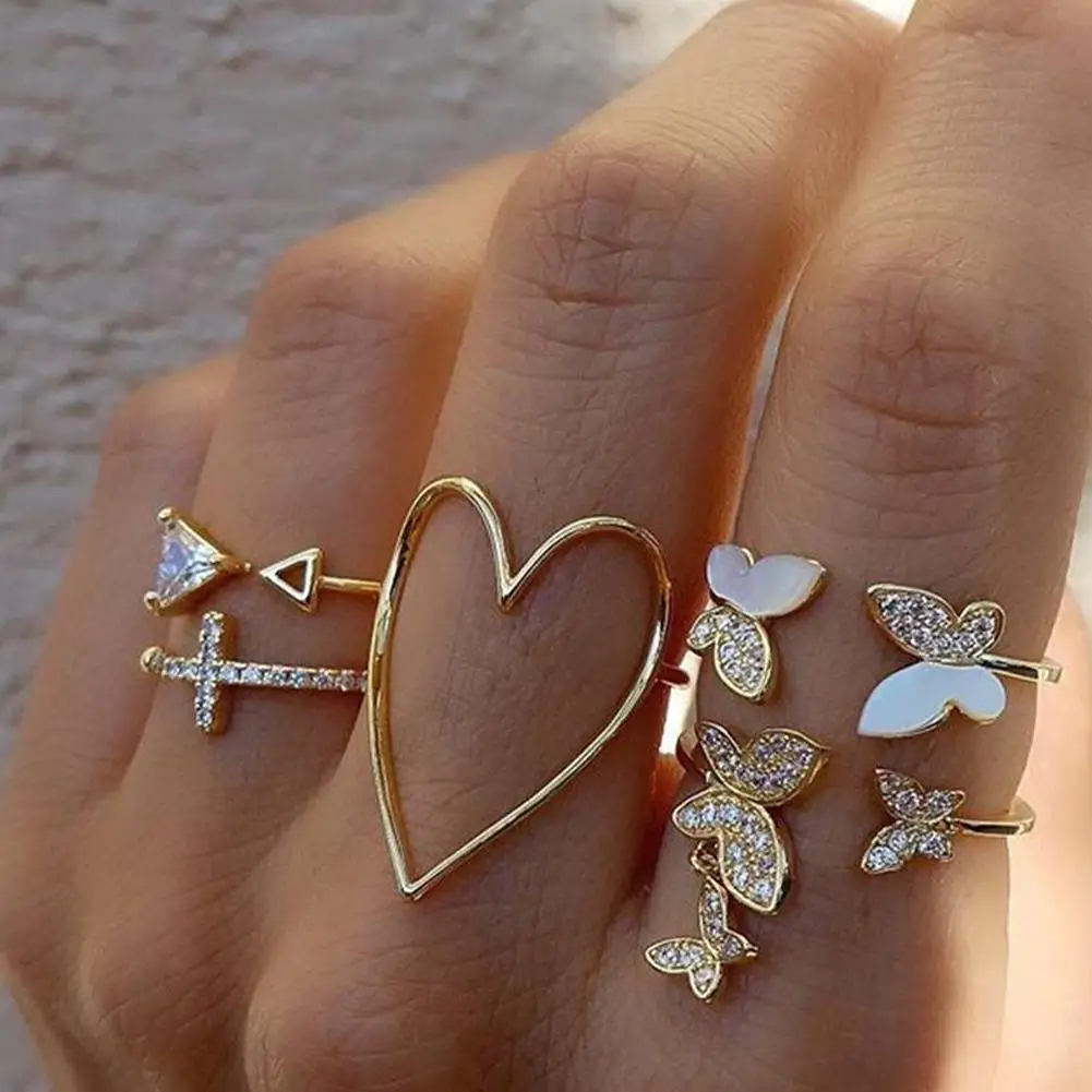 5pcs/set Of Cross Triangle Love Heart Hollow Crystal Drip Oil Butterfly Ring Joint Punk Gothic Rings For Women Jewelry | Украшения и