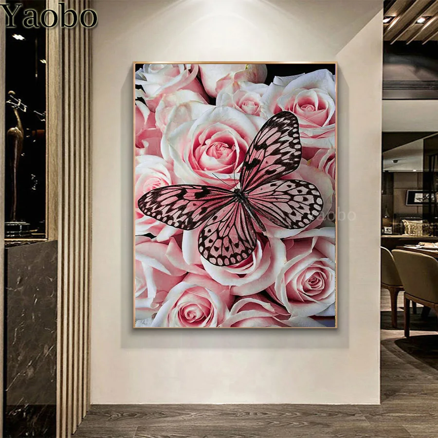Полная круглая квадратная Алмазная вышивка мозаика розовый цветок Бабочка