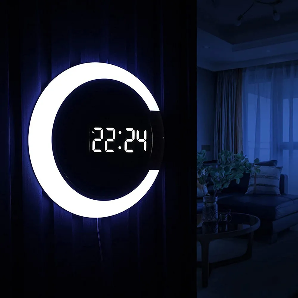 7 Colors LED Digital Alarm Clock Ring Wall Clock 3D Hollow Design Multifunctional Temperature Nightlight For Home Decorations