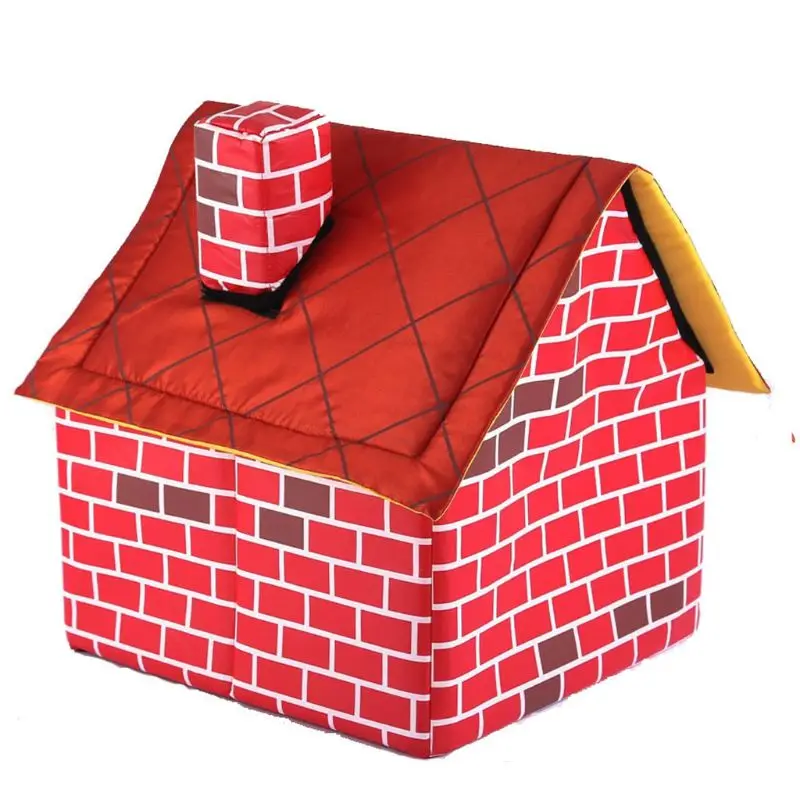 

Warm Indoor Soft Dog Kennel with Chimney Pet Large House Simulation Brick Doggy Beds with Mat Indoor Polyester Nest Tent