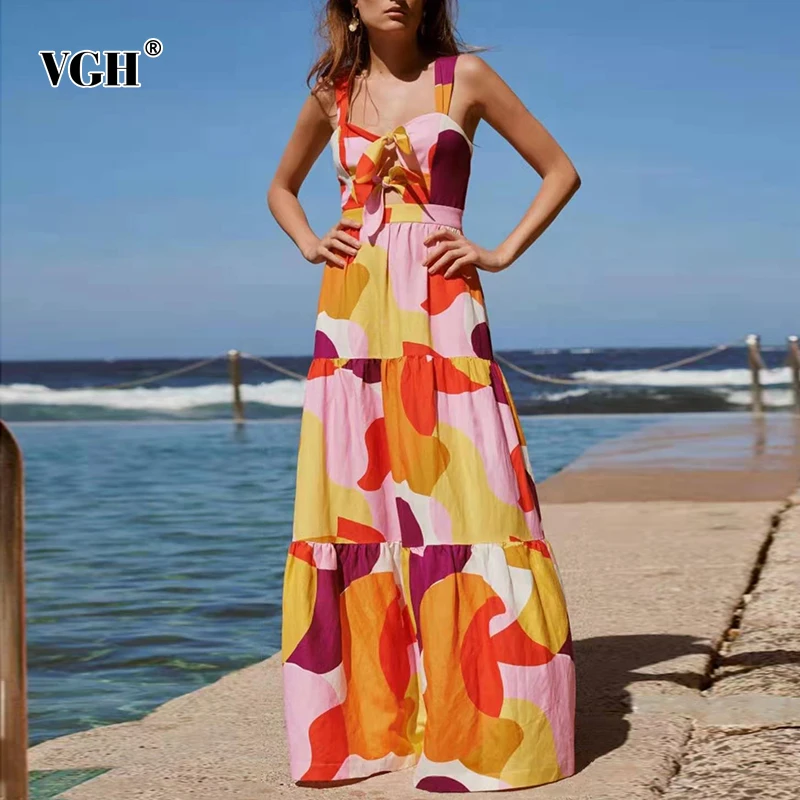 Женское платье без рукавов VGH лоскутное с бантом квадратным вырезом и высокой