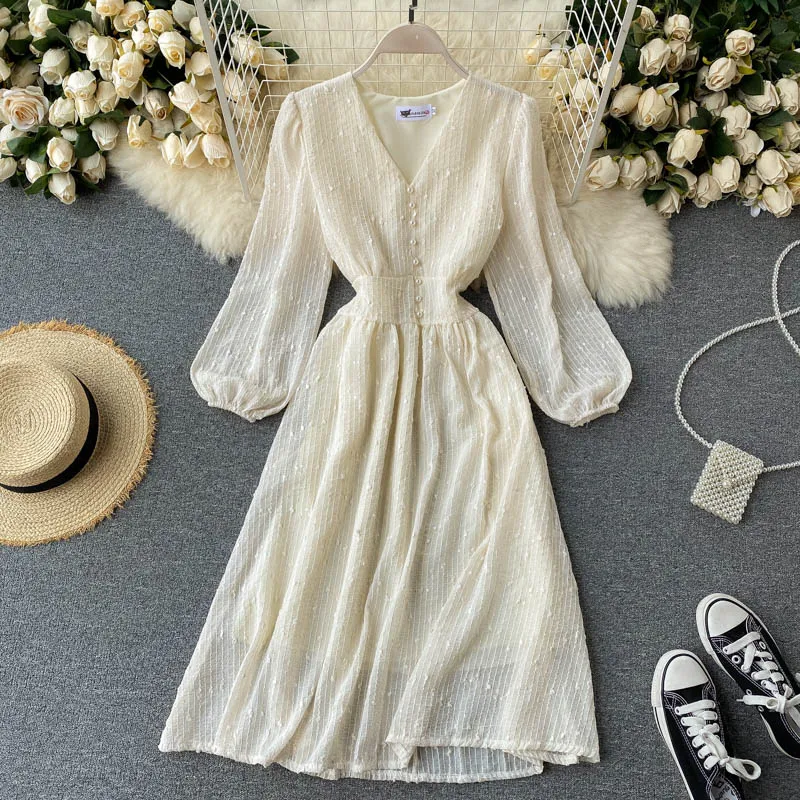 Женское платье с длинным рукавом Осеннее женское V образным вырезом на пуговицах