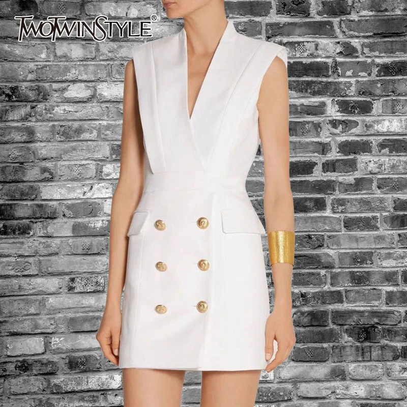 Женское мини платье twotwin2 белое Элегантное летнее с v образным вырезом без рукавов