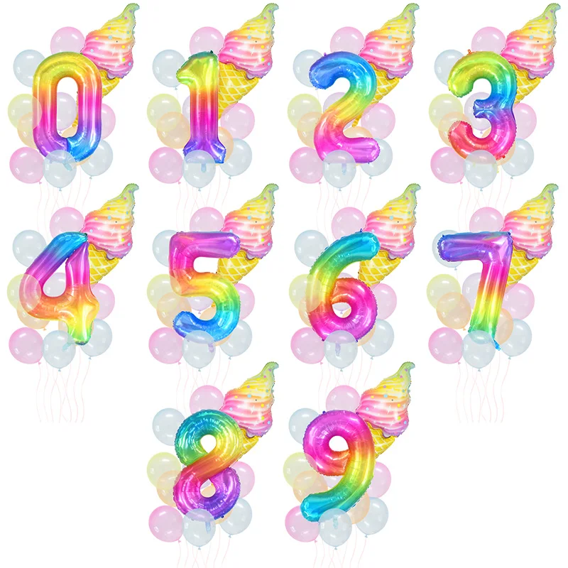 

12Pcs Ice Cream Party Balloon Donuts Ice Cream Rainbow Number Foil Balloon Crystal Party Birthday Decoration Wedding Baby Shower