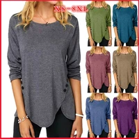 women round neck long sleeves button t shirt solid color loose cotton irregular pullover