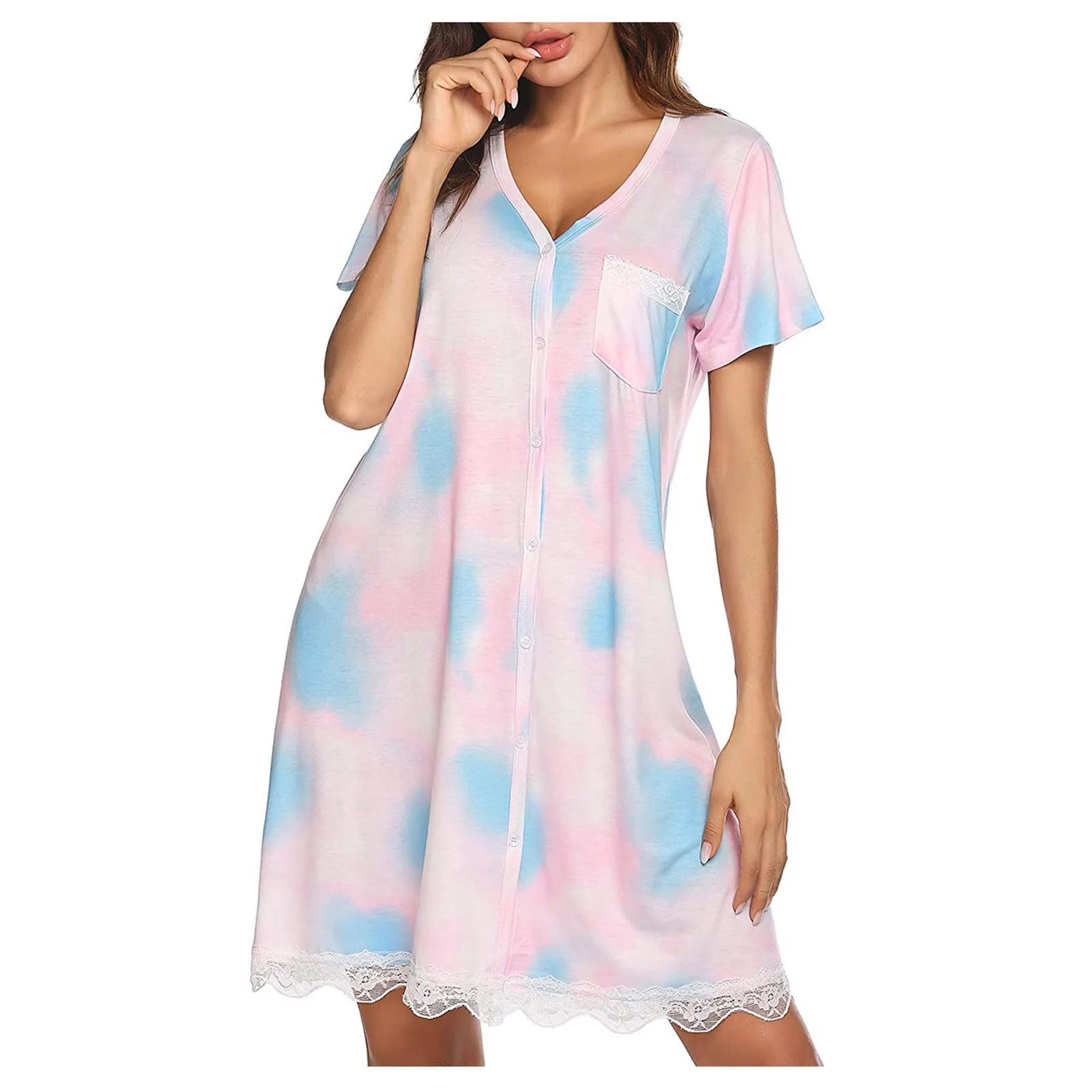 

SAGACE Ladies loose short-sleeved lace knee-length skirt V-neck stripe printing home nightdress dress home nightdress dress