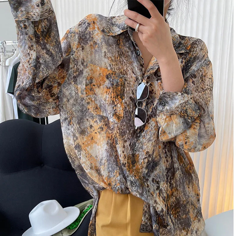 

GVUW 2021 New Spring Summer Fashion Casual Long Sleeve Print Lapel Shirt Drooping Feeling Loose Thin Top Blouses SK906