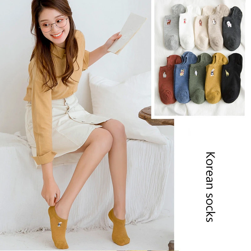 Новые летние хлопковые невидимые женские носки с вышивкой модные милые короткие