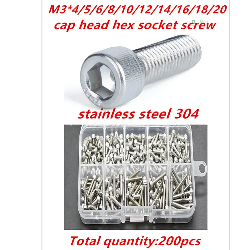 

200pcs/lot M3*5-M3*20 stainless steel 304 hex socket head cap screws bolts sets with box assortment kits thread repair kit 76