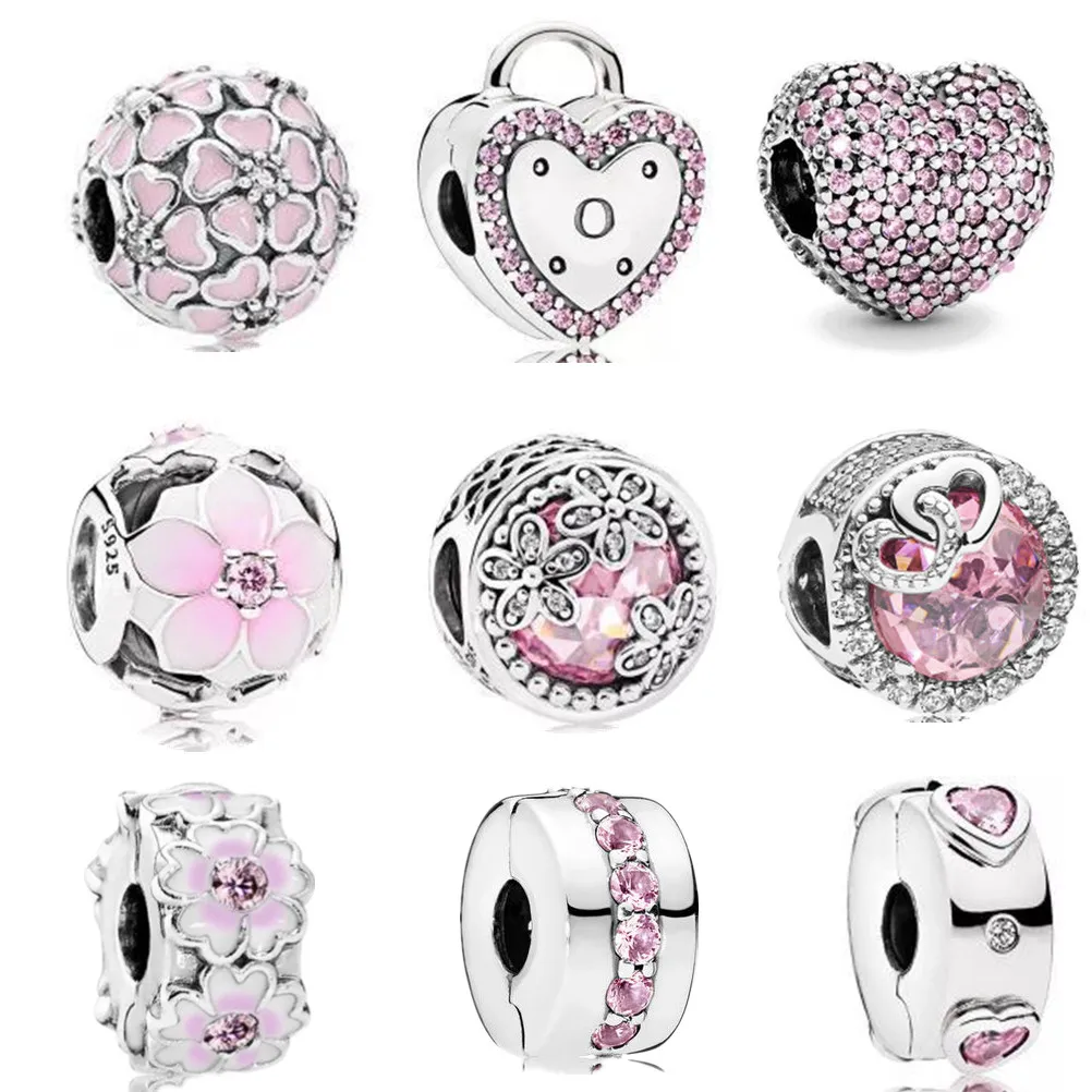 

Бусины-шармы в форме сердца с цветком персика, серебро 925 пробы