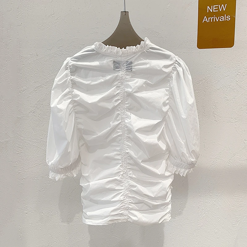 

GALCAUR White Shirt For Women V Neck Puff Short Sleeve Designer Ruffles Solid Ruched Blouses Female Fashion New Clothes 2021 New
