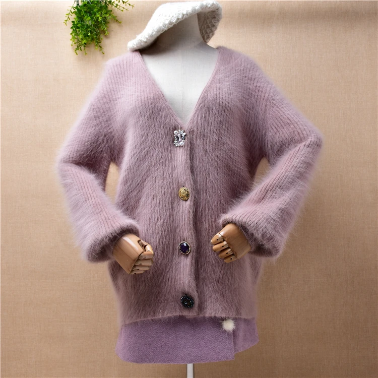 

Женская осенне-зимняя одежда, пушистый норковый кашемировый вязаный кардиган с длинными рукавами-фонариками и V-образным вырезом, свободна...