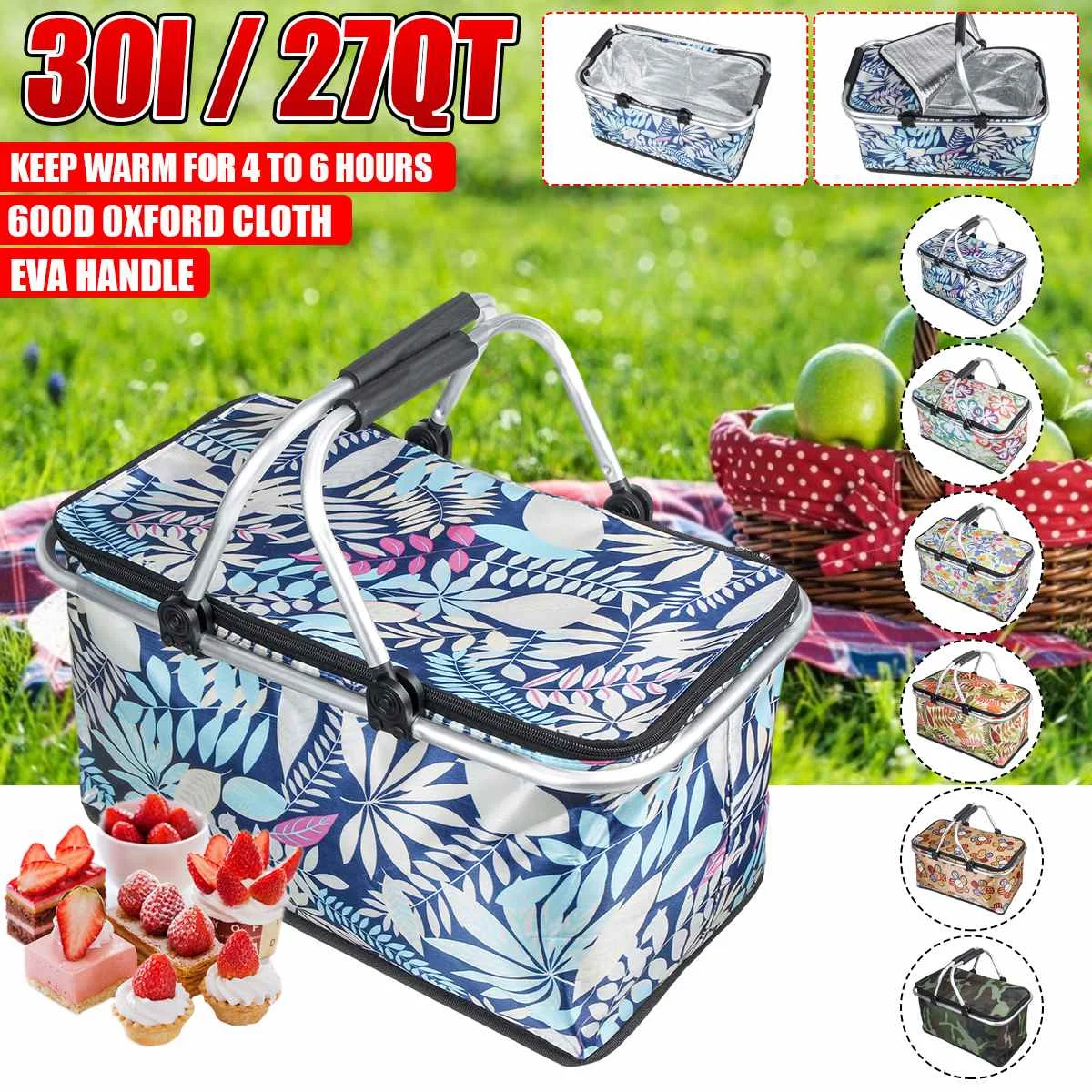 

30L 46*28*24cm Foldable Picnic Bag Fast Food Package Insulation Package Refrigerated Box Shopping Basket With Ice Pack