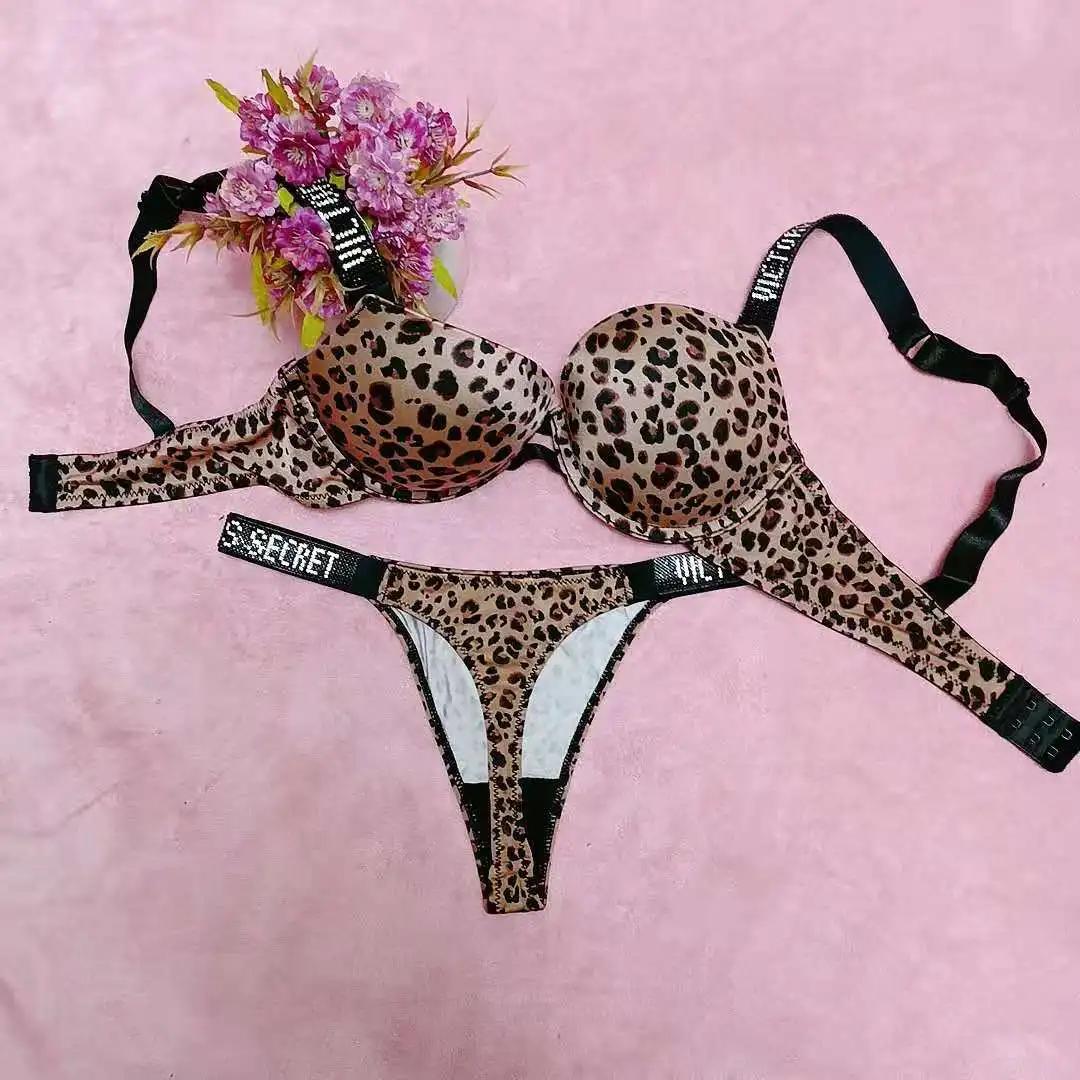

Luxurious Bikini Rhinestone Letters Underwear Sexy Slim Push Up Bra Women Lingerie Thong Bra Panty 2 Piece Adjustable Bra Set