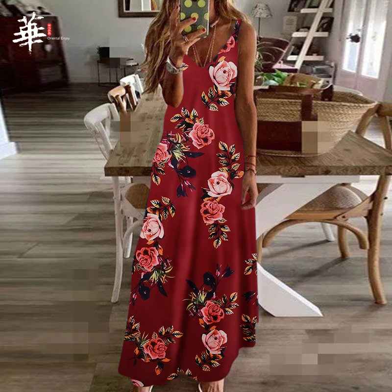 Женское платье с цветочным принтом летнее макси без рукавов для женщин