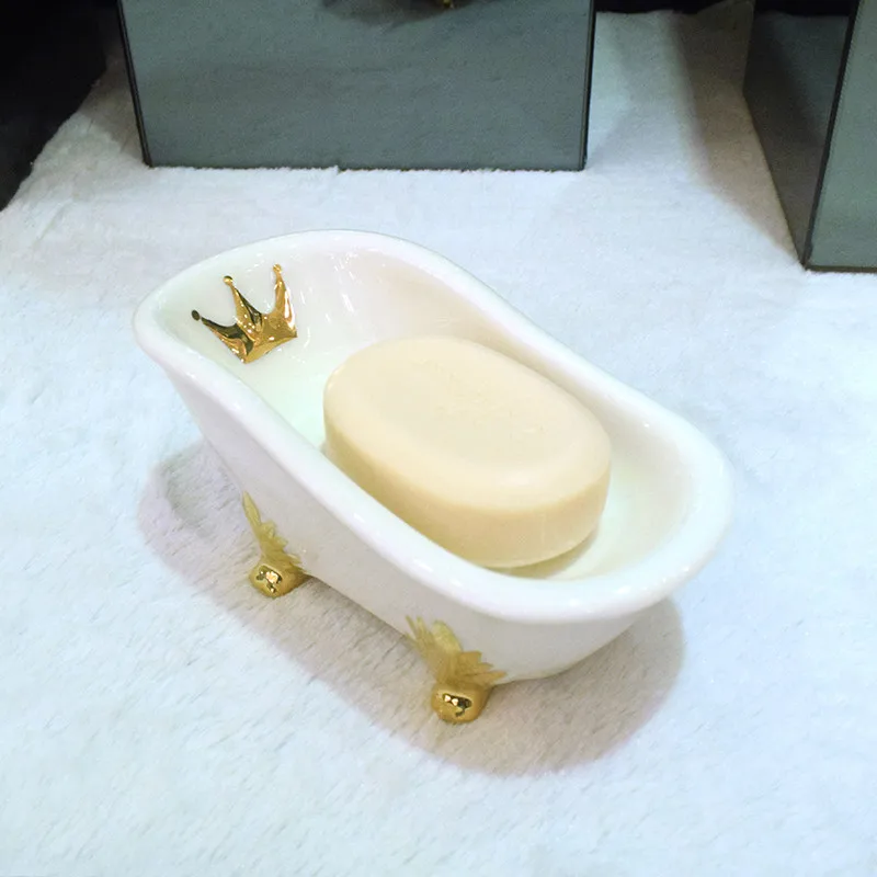 

Bath Soap Dishes Ceramic With Gilding Shower Case Holder Container Storage Box Bathroom Accessories BathTub Shape Free Shipping