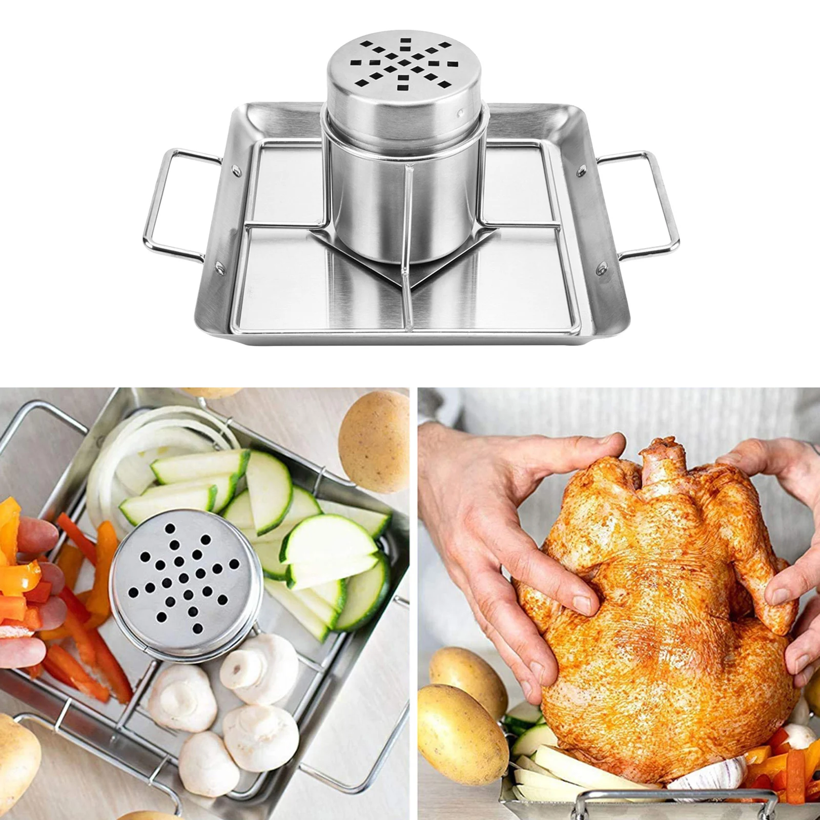 

Beer Can Chicken Holder Roaster Rack Includes Metal Canister and Drip Pan