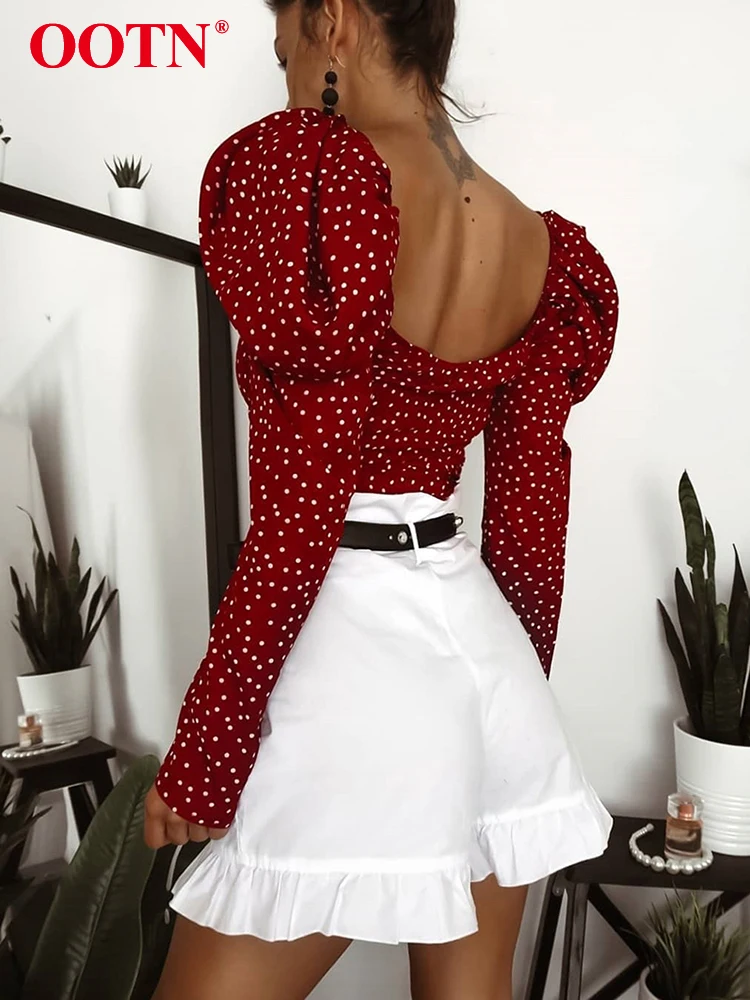 Женский винтажный Топ OOTN красный короткий топ в горошек с буффами и длинным
