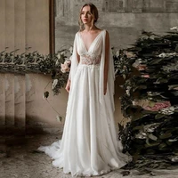kapokdress cheap wedding dress with shawl sexy double v neck sleeveless lace see through backless chiffon bridal gowns