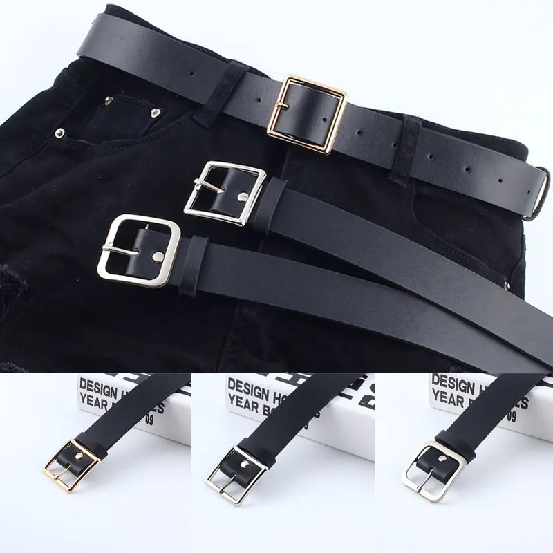 просто ремень женский твердый черный Искусственная кожа Мягкий Круглый квадрат