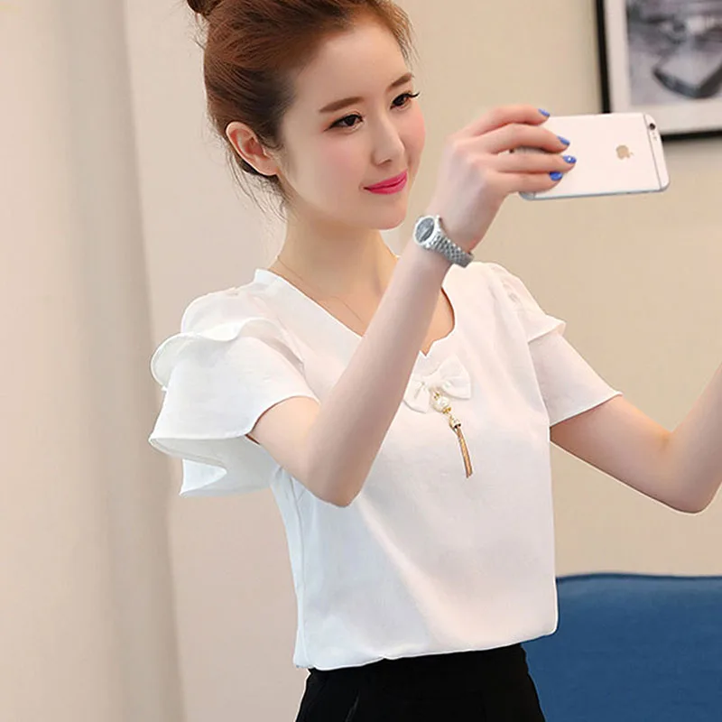 

Summer New Chiffon Shirt Women's Elegant Bow Tie Blouse Casual Petal sleeve O-Neck short Sleeve White Blouses Hot Sale