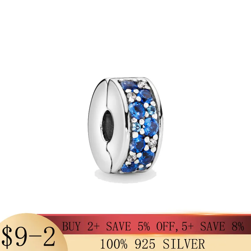 

High Quality 925 Sterling Silver Blue Pave Clip Charm Stopper Beads fit Bracelet Bangle Original 925 Silver Jewelry Making