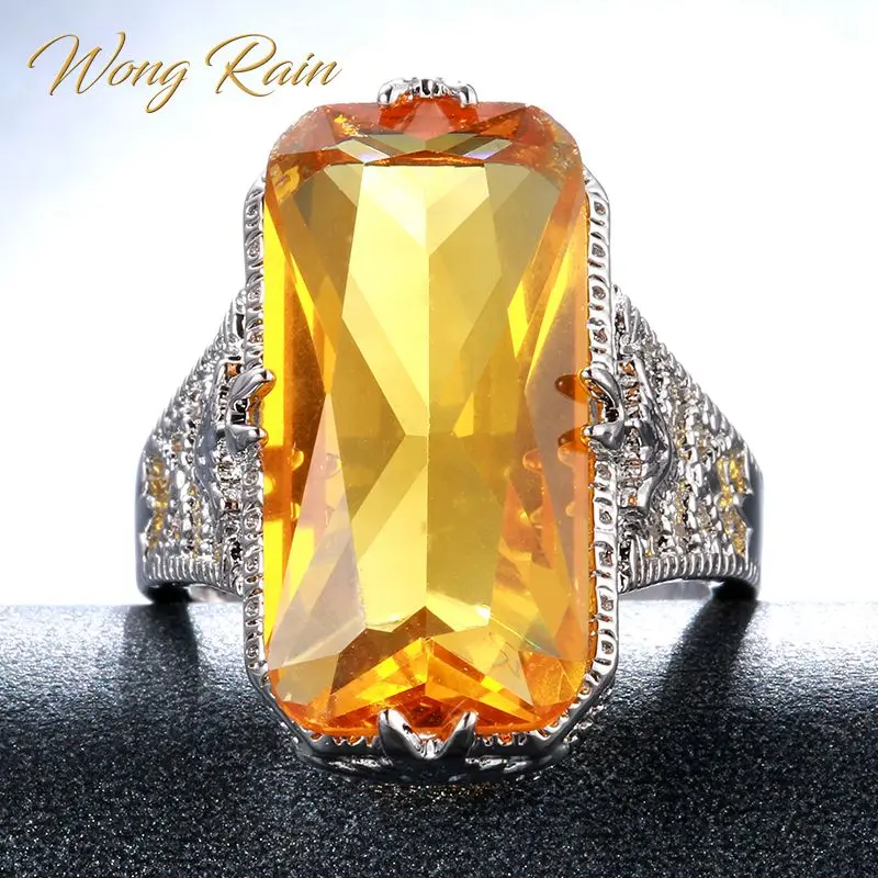 Wong Rain Винтажное кольцо из 100% серебра 925 пробы с огромным цитрином обручальное