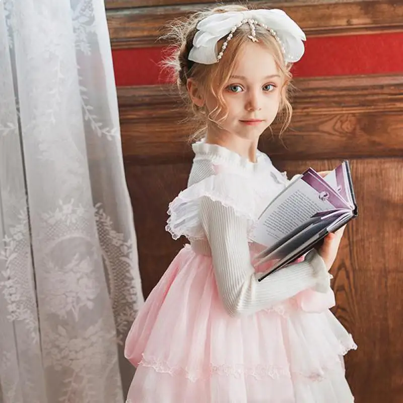 Vestido de princesa Lolita para ni&ntilde;as, ropa de punto de manga larga suelta con dobladillo de malla, para fiesta de oto&ntilde;o y Estilo de primavera, 2-10 a&ntilde;os-1