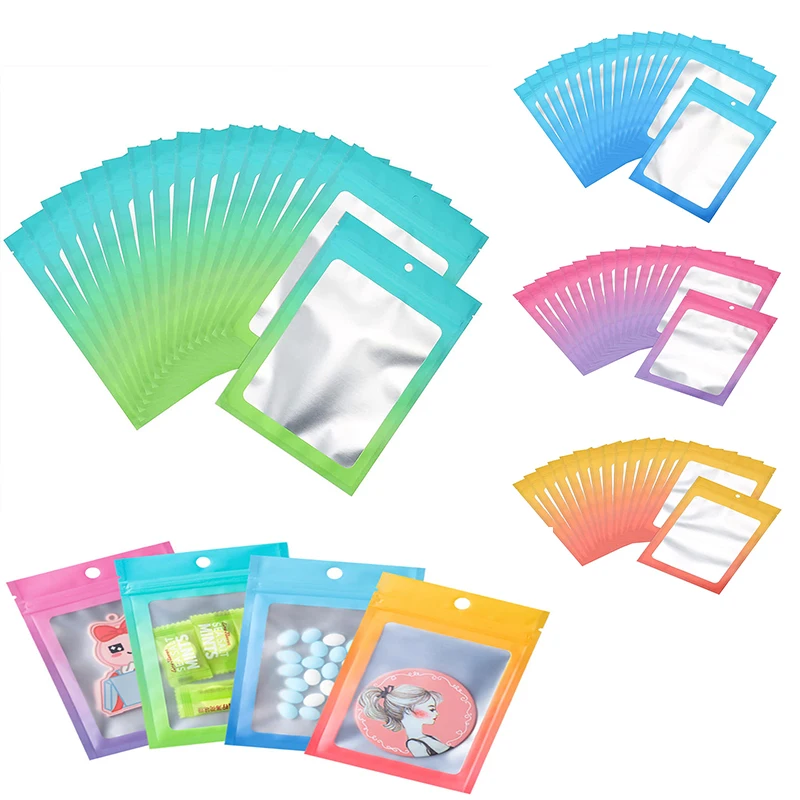 

100 Pcs Gradient Color Mylar Sealed Bags With Clear Window Aluminium Foil Porch For Coffee Beans Candy Sample Food Packaging